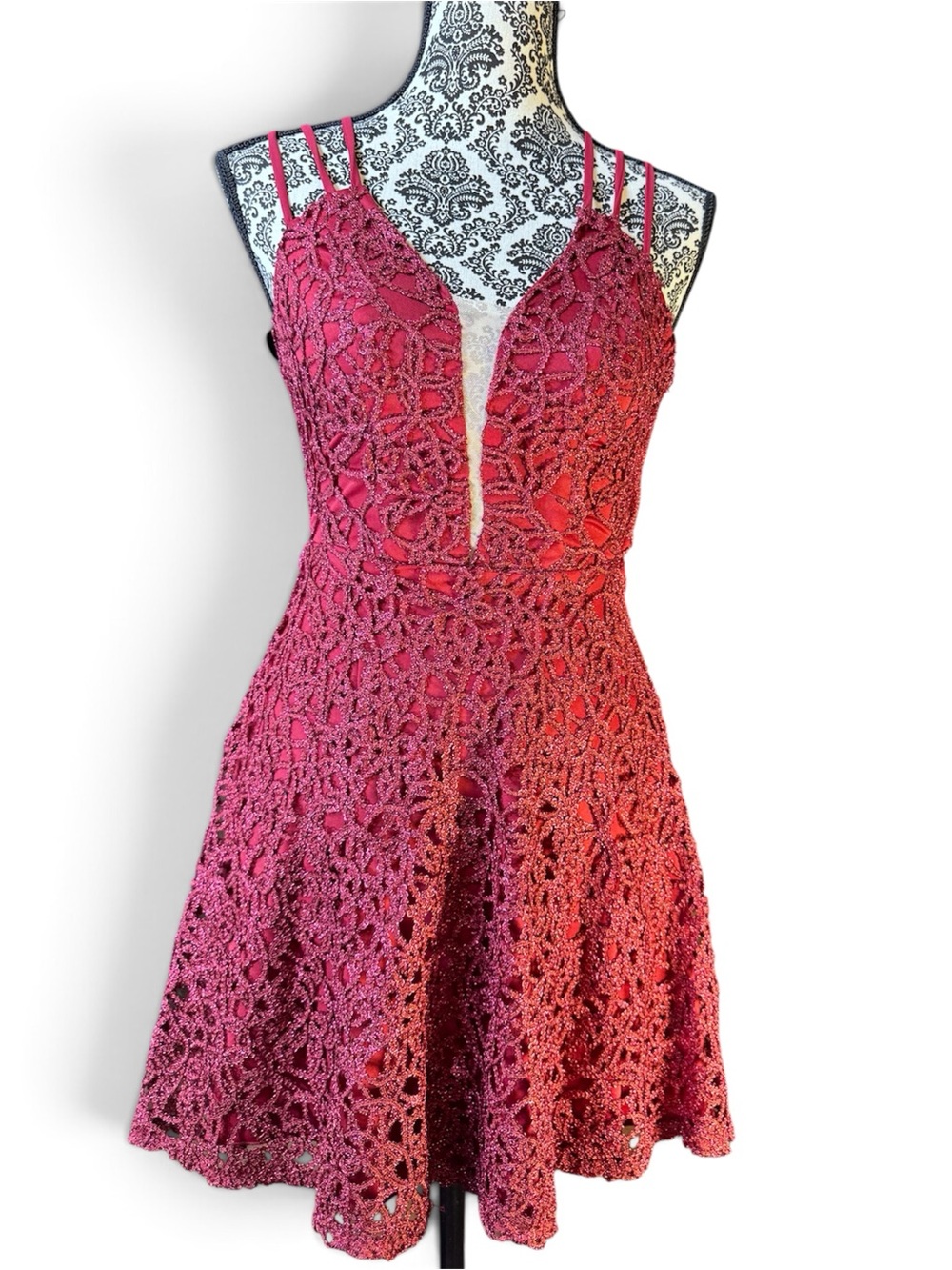 B. Darlin Glitter Lace Deep Red Fancy Strappy Formal Mini Dress size 2 - Picture 1 of 8